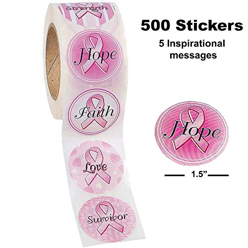 Breast Cancer Awareness Stickers 2 Rolls, 1000 Stickers Total - For Breast Cancer Awareness Accessories, Pink Ribbon Fundraising Supplies Bulk by 4E's Novelty