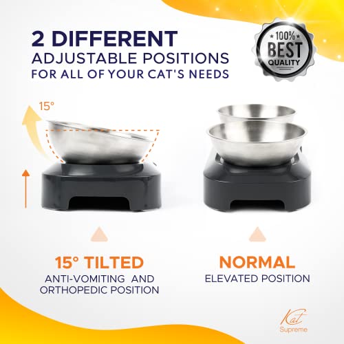 KatSupreme Tilted Cat Food Bowls - Raised Cat Food Bowls, Anti Vomiting Cat Bowl Set, Stainless Steel Cat Bowls with Stand, Orthopedic Cat Bowl, Elevated Cat Bowls Set