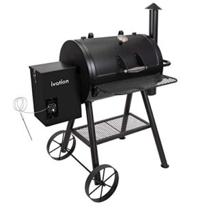 ivation automatic wood pellet smoker & grill | all-in-1 electric offset bbq smoker w/digital lcd precise temperature control, built in meat probe, flame tamer, utensil rack & grease bucket