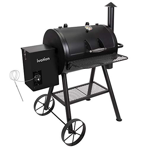 Ivation Automatic Wood Pellet Smoker & Grill | All-in-1 Electric Offset BBQ Smoker w/Digital LCD Precise Temperature Control, Built in Meat Probe, Flame Tamer, Utensil Rack & Grease Bucket