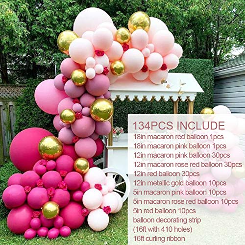 Rose Red and Pink Balloon Arch Garland Kit-Macaron Rose Red Balloon Pink Balloon Metallic Gold Balloon 134Pcs for Birthday,Party,Fiesta,Christmas,Wedding,Baby Shower and Engagement