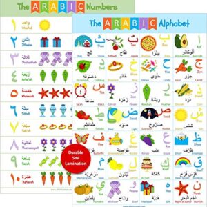 Akross Kultures Laminated Arabic Alphabet Poster - With Numbers - for Kids - Classrooms - Set of Two - 13" x 19" - Alif to Yaa Illustrations