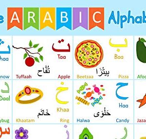 Akross Kultures Laminated Arabic Alphabet Poster - With Numbers - for Kids - Classrooms - Set of Two - 13" x 19" - Alif to Yaa Illustrations