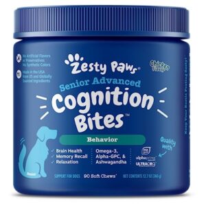 zesty paws advanced cognition soft chews for dogs - with omega 3 dha, ashwagandha & alpha gpc - for senior dog brain health & nervous system support - supplement for calming & relaxation - 90 count
