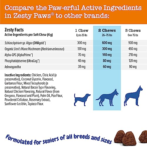 Zesty Paws Advanced Cognition Soft Chews for Dogs - with Omega 3 DHA, Ashwagandha & Alpha GPC - for Senior Dog Brain Health & Nervous System Support - Supplement for Calming & Relaxation - 90 Count