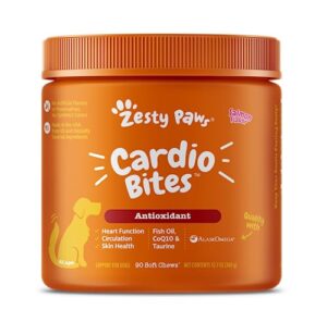 zesty paws cardiovascular soft chews for dogs - with antioxidants and alaskomega fish oil with omega 3 fatty acids - plus coq10, taurine & l carnitine for dog heart health - 90 count