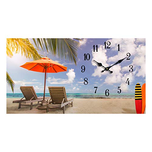 Wall Clock Glass Beach Chairs Decorative 8" x12 Inch Beach Theme Perfect Decor for Kitchen Bathroom Office Battery Operated Clocks Great Nautical Theme for Bedroom Ocean Decoration Ticking Tropical