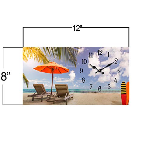 Wall Clock Glass Beach Chairs Decorative 8" x12 Inch Beach Theme Perfect Decor for Kitchen Bathroom Office Battery Operated Clocks Great Nautical Theme for Bedroom Ocean Decoration Ticking Tropical