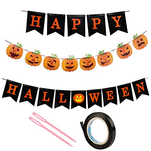 Black Happy Halloween Banner Bunting with Pumpkin Sign, Includes Orange Pumpkin Banner Garland, Perfect for Indoor Outdoor Halloween Party Decorations