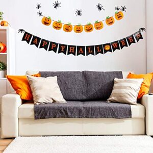 Black Happy Halloween Banner Bunting with Pumpkin Sign, Includes Orange Pumpkin Banner Garland, Perfect for Indoor Outdoor Halloween Party Decorations