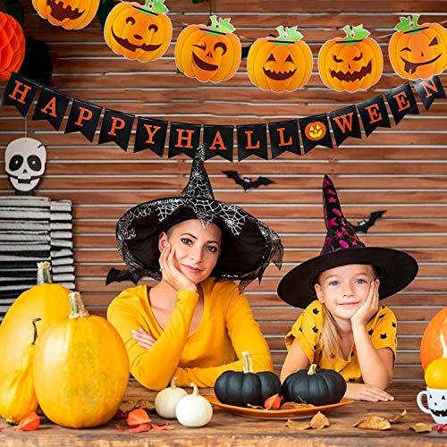 Black Happy Halloween Banner Bunting with Pumpkin Sign, Includes Orange Pumpkin Banner Garland, Perfect for Indoor Outdoor Halloween Party Decorations