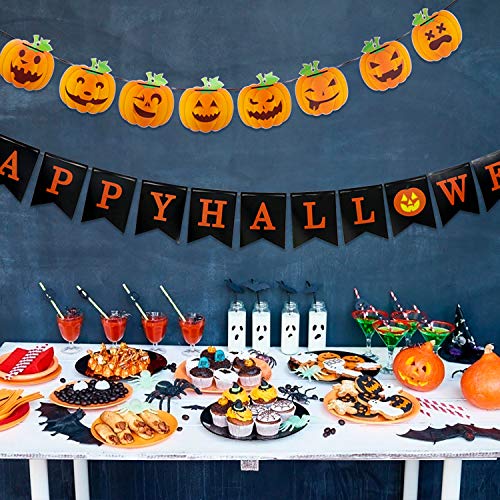 Black Happy Halloween Banner Bunting with Pumpkin Sign, Includes Orange Pumpkin Banner Garland, Perfect for Indoor Outdoor Halloween Party Decorations