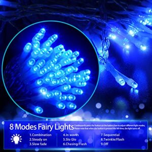 [Remote Control] Fairy String Lights Battery Operated, 33FT 100 LED Christmas Lights IP65 Waterproof with Timer, Memory Function and 8 Lighting Modes for Indoor Outdoor Xmas Halloween Wedding - Blue