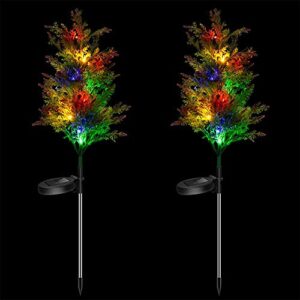 christmas solar tree lights outdoor stakes lights decorative, holiday party landscape pine trees lighting with multi-color flickering led lights ip65 waterproof for home lawn yard patio pathway