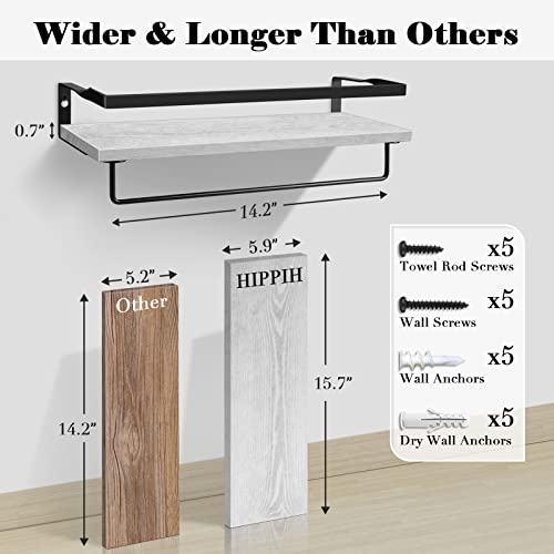 HIPPIH White Floating Shelves for Wall Set of 2, Rustic Cedar Wood Floating Shelf with Rails & Towel Holder, Decorative Storage Floating Shelves for Bathroom, Living Room, Kitchen and Bedroom