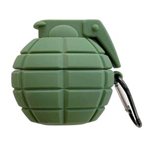 ur sunshine case compatible with airpods pro, cool military funs grenade shape cover case, soft silicone gel stylish bomb charging earphone case +hook-green
