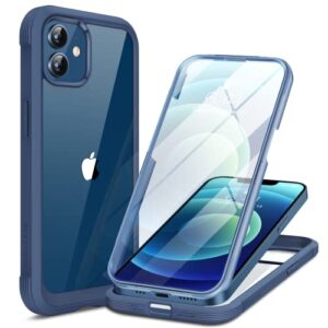 miracase glass case for iphone 12 case/iphone 12 pro case 6.1 inch, full-body clear bumper case with built-in 9h tempered glass screen protector for iphone 12/ iphone 12 pro, dark blue
