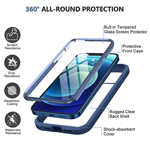 Miracase Glass Case for iPhone 12 Case/iPhone 12 Pro Case 6.1 inch, Full-Body Clear Bumper Case with Built-in 9H Tempered Glass Screen Protector for iPhone 12/ iPhone 12 Pro, Dark Blue