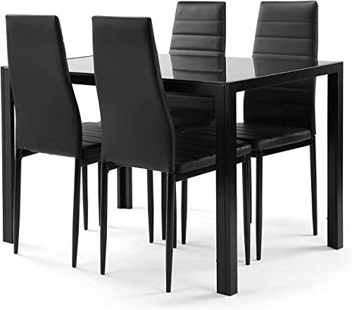 IANIYA Dining Room Table，Kitchen Table, Square Glass Kitchen Table with 4 Chair Black