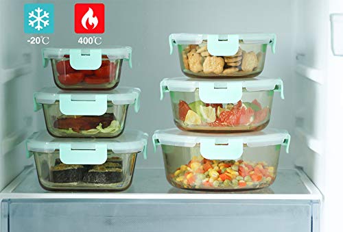 Emica Glass Food Container Set-6 Pack, Glass Amber Color Meal Prep Containers, Food Prep Containers Glass with Lids, Airtight Glass Bento Boxes (6 Containers & 6 Lids)