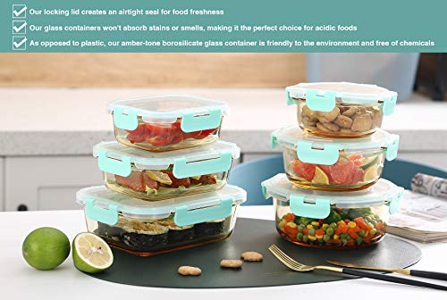 Emica Glass Food Container Set-6 Pack, Glass Amber Color Meal Prep Containers, Food Prep Containers Glass with Lids, Airtight Glass Bento Boxes (6 Containers & 6 Lids)