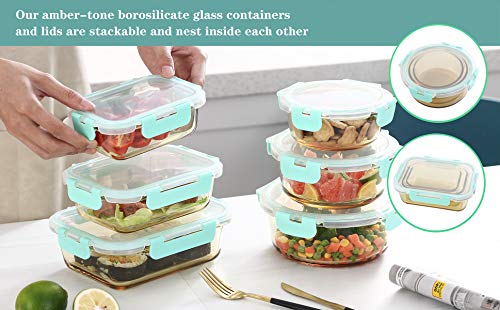 Emica Glass Food Container Set-6 Pack, Glass Amber Color Meal Prep Containers, Food Prep Containers Glass with Lids, Airtight Glass Bento Boxes (6 Containers & 6 Lids)