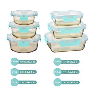 Emica Glass Food Container Set-6 Pack, Glass Amber Color Meal Prep Containers, Food Prep Containers Glass with Lids, Airtight Glass Bento Boxes (6 Containers & 6 Lids)