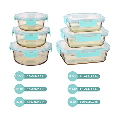 Emica Glass Food Container Set-6 Pack, Glass Amber Color Meal Prep Containers, Food Prep Containers Glass with Lids, Airtight Glass Bento Boxes (6 Containers & 6 Lids)