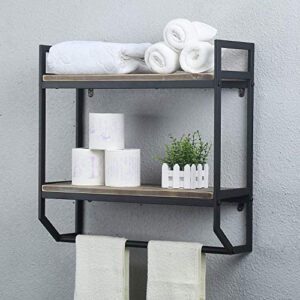 OISSIO Bathroom Shelves Wall Mounted,2 Layer Bathroom Shelf with Towel Bar,Storage Shelves for Kitchen,Metal&Wood Floating Shelves, Rustic Industrial Bathroom Shelves