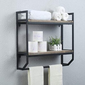 OISSIO Bathroom Shelves Wall Mounted,2 Layer Bathroom Shelf with Towel Bar,Storage Shelves for Kitchen,Metal&Wood Floating Shelves, Rustic Industrial Bathroom Shelves