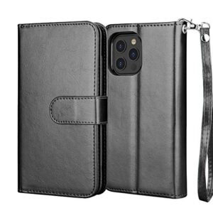 NJJEX Compatible with iPhone 12 Case/iPhone 12 Pro Wallet Case 6.1 inch (2020), [9 Card Slots] PU Leather ID Credit Holder Folio Flip [Detachable] Kickstand Magnetic Phone Cover & Lanyard [Black]