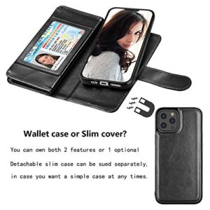 NJJEX Compatible with iPhone 12 Case/iPhone 12 Pro Wallet Case 6.1 inch (2020), [9 Card Slots] PU Leather ID Credit Holder Folio Flip [Detachable] Kickstand Magnetic Phone Cover & Lanyard [Black]