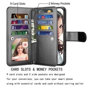 NJJEX Compatible with iPhone 12 Case/iPhone 12 Pro Wallet Case 6.1 inch (2020), [9 Card Slots] PU Leather ID Credit Holder Folio Flip [Detachable] Kickstand Magnetic Phone Cover & Lanyard [Black]