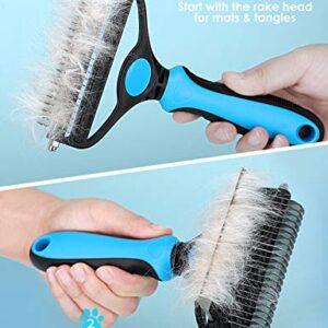 MalsiPree Dog Grooming Brush for Shedding - 2 in 1 Deshedding Tool and Undercoat Rake for Long and Short Haired Dogs with Double Coat - Dematting Comb and Pet Hair Deshedder Supplies (Large, Blue)