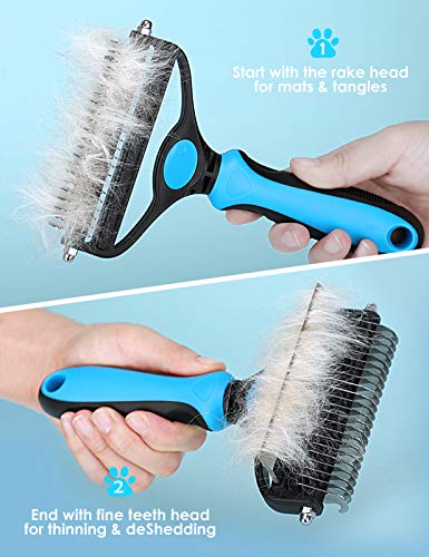 MalsiPree Dog Grooming Brush for Shedding - 2 in 1 Deshedding Tool and Undercoat Rake for Long and Short Haired Dogs with Double Coat - Dematting Comb and Pet Hair Deshedder Supplies (Large, Blue)