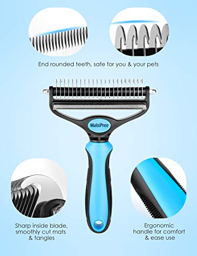 MalsiPree Dog Grooming Brush for Shedding - 2 in 1 Deshedding Tool and Undercoat Rake for Long and Short Haired Dogs with Double Coat - Dematting Comb and Pet Hair Deshedder Supplies (Large, Blue)