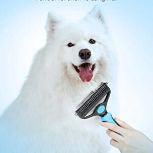 MalsiPree Dog Grooming Brush for Shedding - 2 in 1 Deshedding Tool and Undercoat Rake for Long and Short Haired Dogs with Double Coat - Dematting Comb and Pet Hair Deshedder Supplies (Large, Blue)