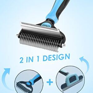 MalsiPree Dog Grooming Brush for Shedding - 2 in 1 Deshedding Tool and Undercoat Rake for Long and Short Haired Dogs with Double Coat - Dematting Comb and Pet Hair Deshedder Supplies (Large, Blue)