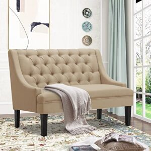 tongli 50" small modern loveseat settee sofa linen fabric 2-seat sofa couch tufted love seat dining bench with back upholstered banquette sofas for living room bedroom small space entryway tan