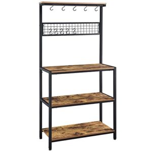 yaheetech kitchen bakers rack, coffee bar station microwave stand with 10 hooks and adjustable feet, freestanding utility storage shelf for kitchen, dinning room, living room, rustic brown