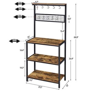 Yaheetech Kitchen Bakers Rack, Coffee Bar Station Microwave Stand with 10 Hooks and Adjustable Feet, Freestanding Utility Storage Shelf for Kitchen, Dinning Room, Living Room, Rustic Brown