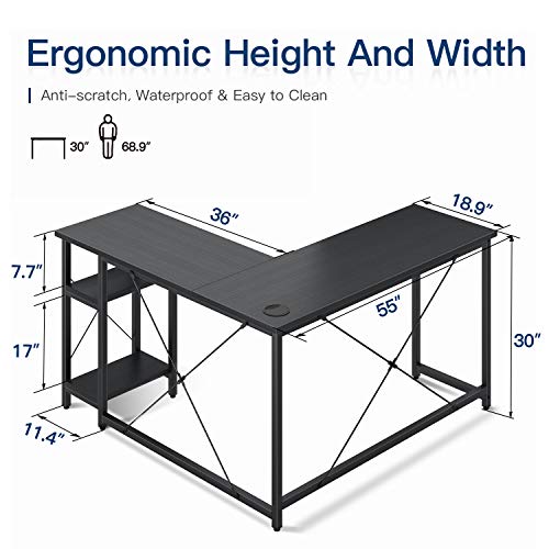 Coleshome 55" L Shaped Computer Desk with Storage Shelves, Gaming L Desk, Writing Workstation for Home Office, Space-Saving Corner Table, Easy to Assemble, Black