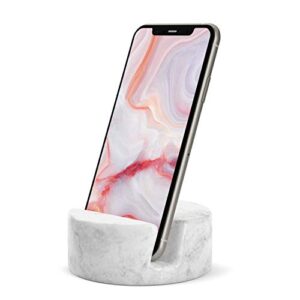 crevasse phone stand by higherhuman – premium carrara marble cell phone holder for cellphone or tablet on your desk, counter, table or nightstand. luxurious solid real stone phone stand for recording