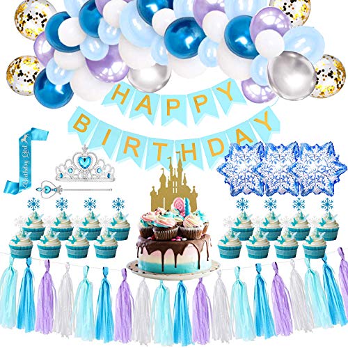 120 Pcs Frozen 2 Birthday Party Supplies, Winter Wonderland Balloons Thanksgiving Christmas New Year Party Decorations - Birthday 2nd 3rd 4th 5th Decor Includes Balloons, Banner, Paper Tassel