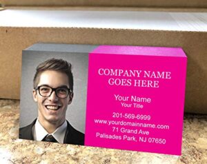 custom business card with picture or logo, 2sides printing, 500pcs on heavy paper, 16pt cover (129 lbs. 350gsm-thick paper), no additional charge for matte or glossy finishing (matte finishing, pink)