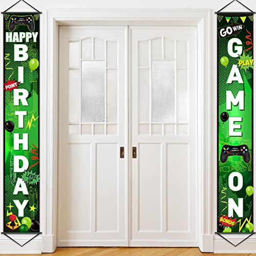 Game On Birthday Banner Video Game Birthday Party Decorations Game Controller Door Sign Happy Birthday Backdrop Banners Miner Gamer Birthday Party Background Block Night Decoration