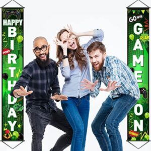 Game On Birthday Banner Video Game Birthday Party Decorations Game Controller Door Sign Happy Birthday Backdrop Banners Miner Gamer Birthday Party Background Block Night Decoration