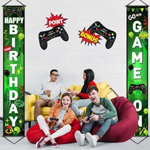 Game On Birthday Banner Video Game Birthday Party Decorations Game Controller Door Sign Happy Birthday Backdrop Banners Miner Gamer Birthday Party Background Block Night Decoration