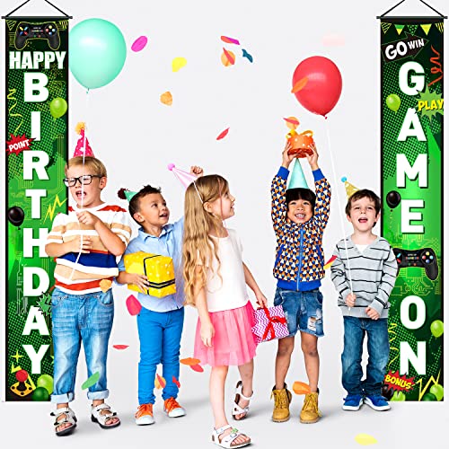 Game On Birthday Banner Video Game Birthday Party Decorations Game Controller Door Sign Happy Birthday Backdrop Banners Miner Gamer Birthday Party Background Block Night Decoration