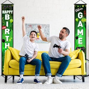 Game On Birthday Banner Video Game Birthday Party Decorations Game Controller Door Sign Happy Birthday Backdrop Banners Miner Gamer Birthday Party Background Block Night Decoration